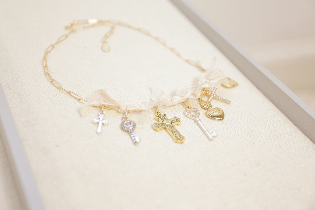 OOAK Vintage Charms and Lace Necklace