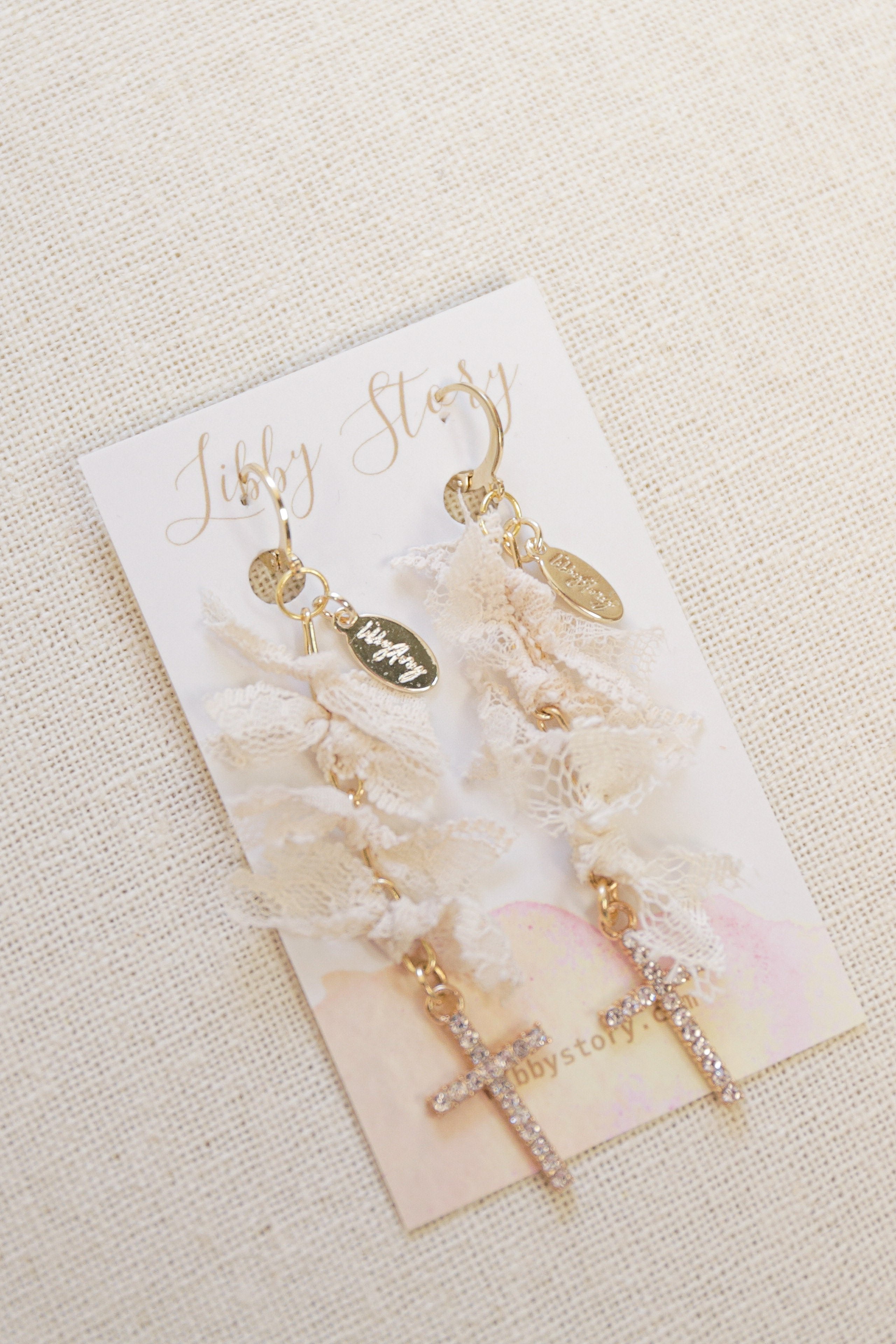 OOAK Vintage Lace and Rhinestone Cross Earrings