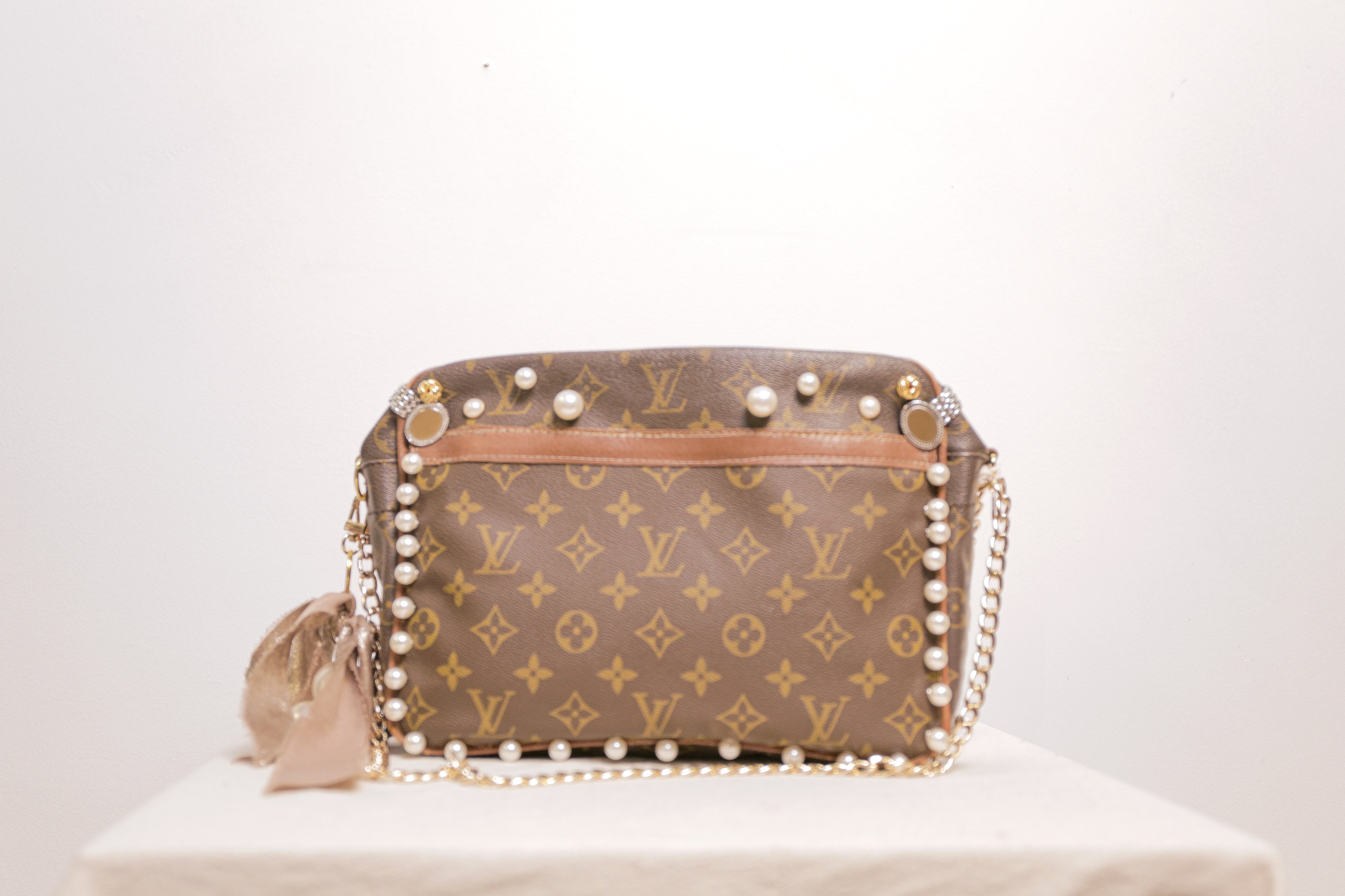 OOAK Authentic LV Purse Upcycled with Pearls and Vintage Cuff Links