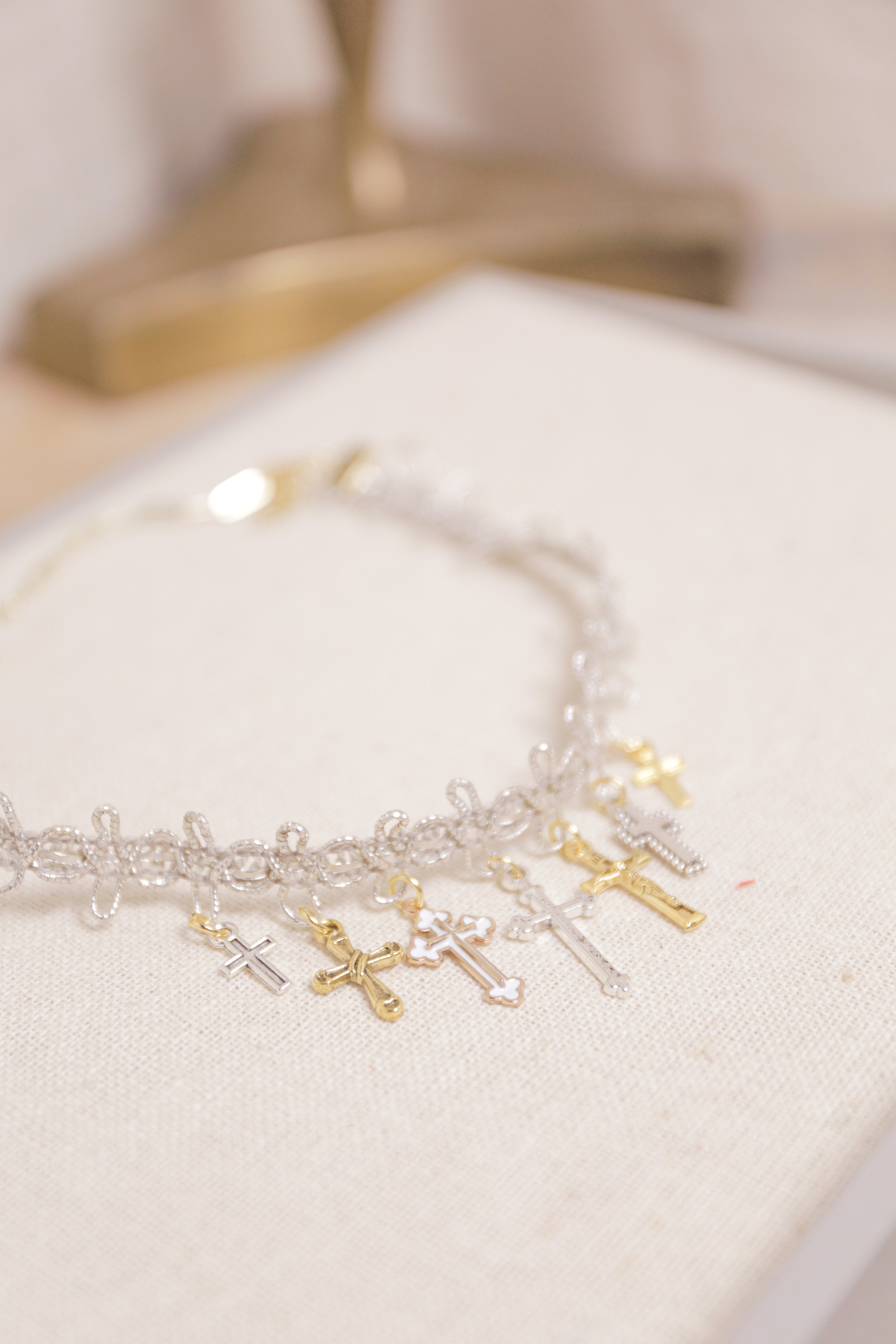 Handmade vintage trim and Cross Charms Choker |