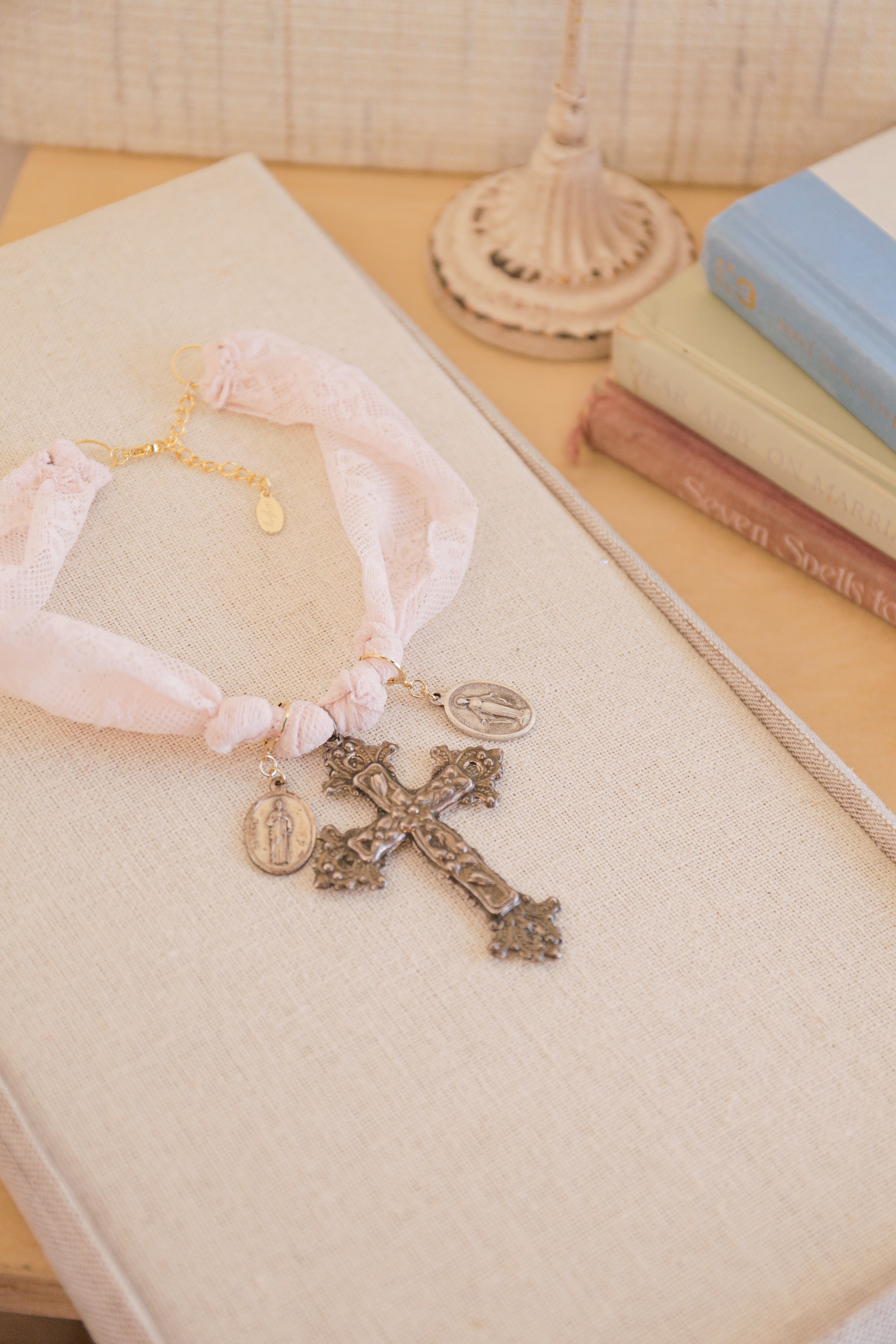 Vintage Cross & Charms Fabric Necklace | One-of-a-Kind