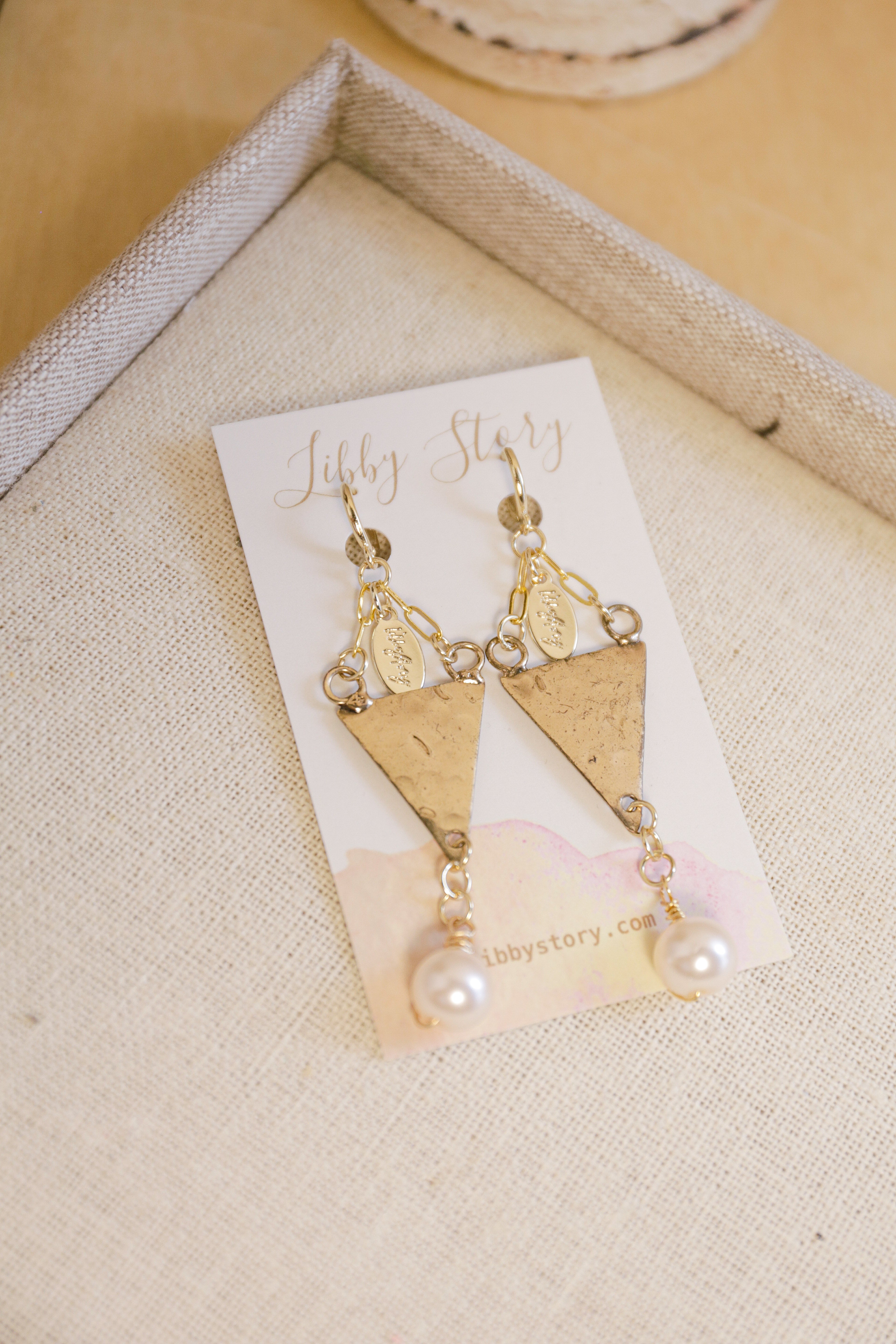 Brassy Dangle Pearl Earrings