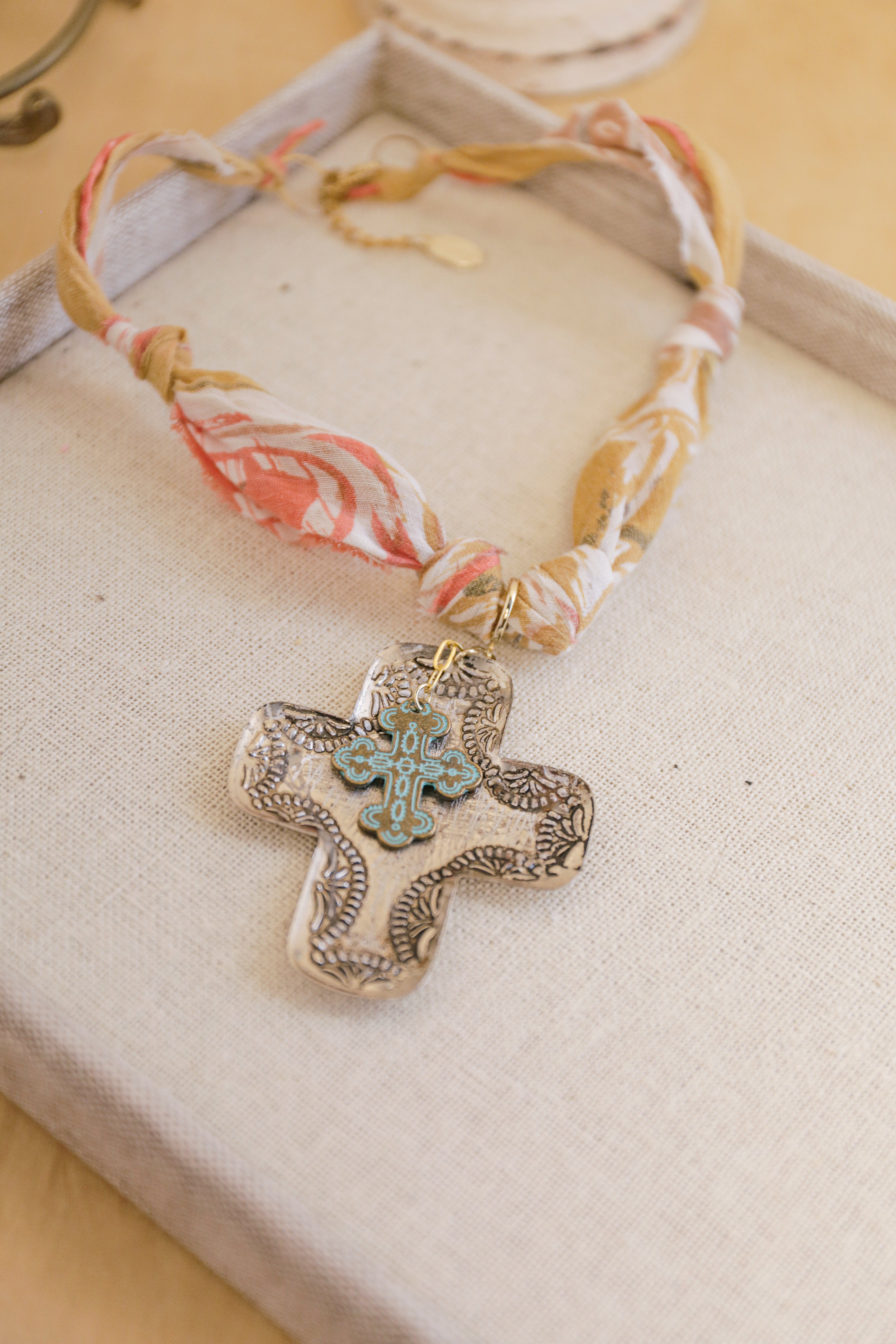OOAK Texas Vintage Cross Handkerchief Necklace