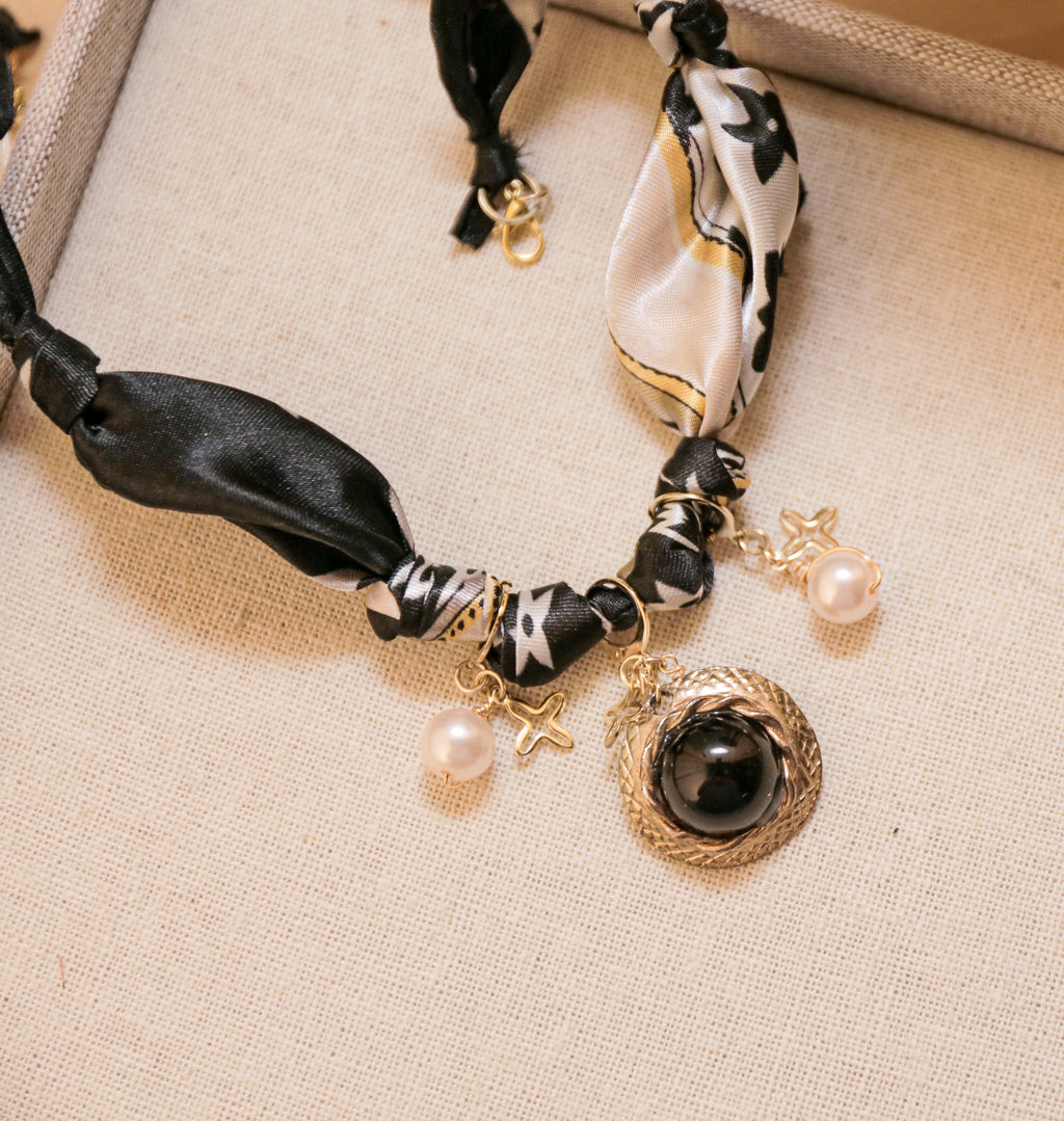 Louis Vintage Pedant, Pearls, and Cross Charms Satin Necklace