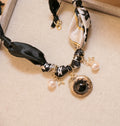 Louis Vintage Pedant, Pearls, and Cross Charms Satin Necklace