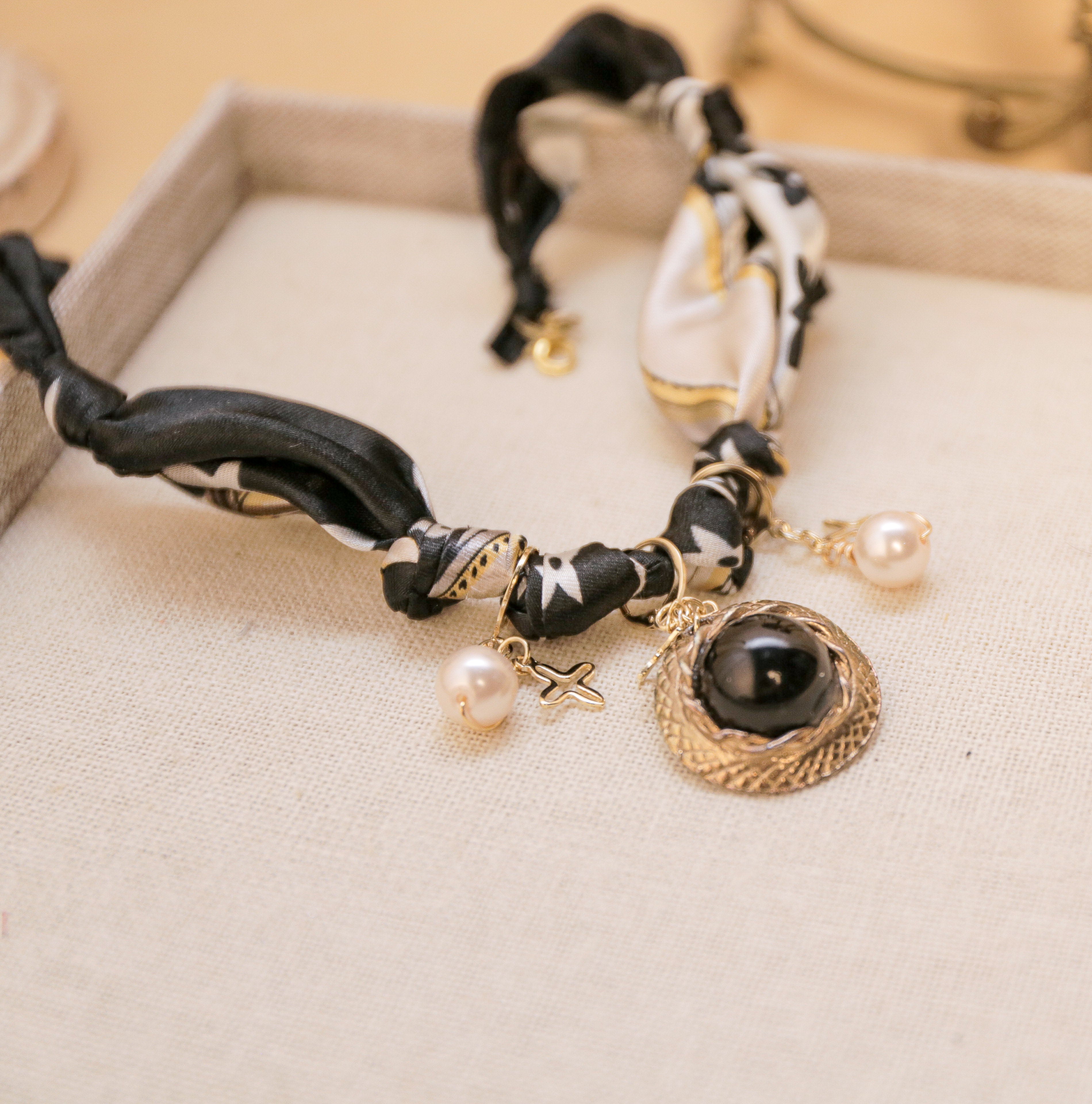 Louis Vintage Pedant, Pearls, and Cross Charms Satin Necklace