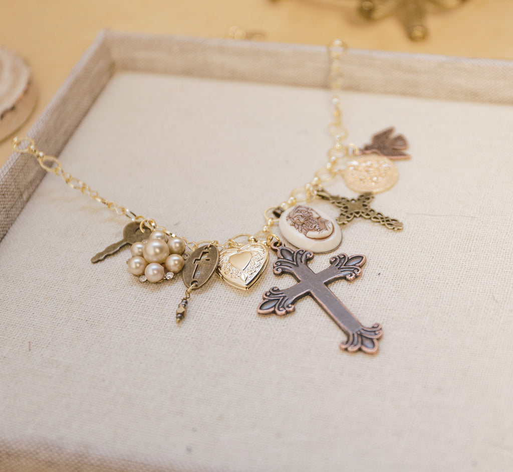 OOAK Cameo Cross Charm Necklace