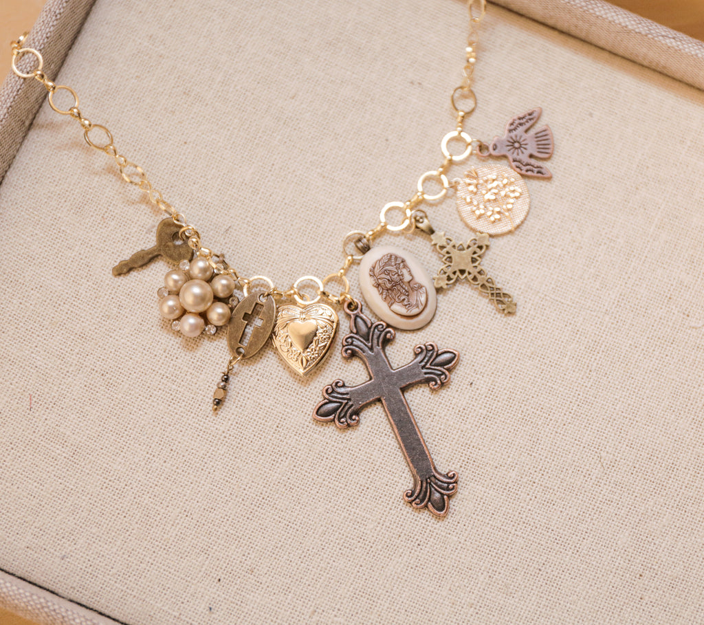 OOAK Cameo Cross Charm Necklace