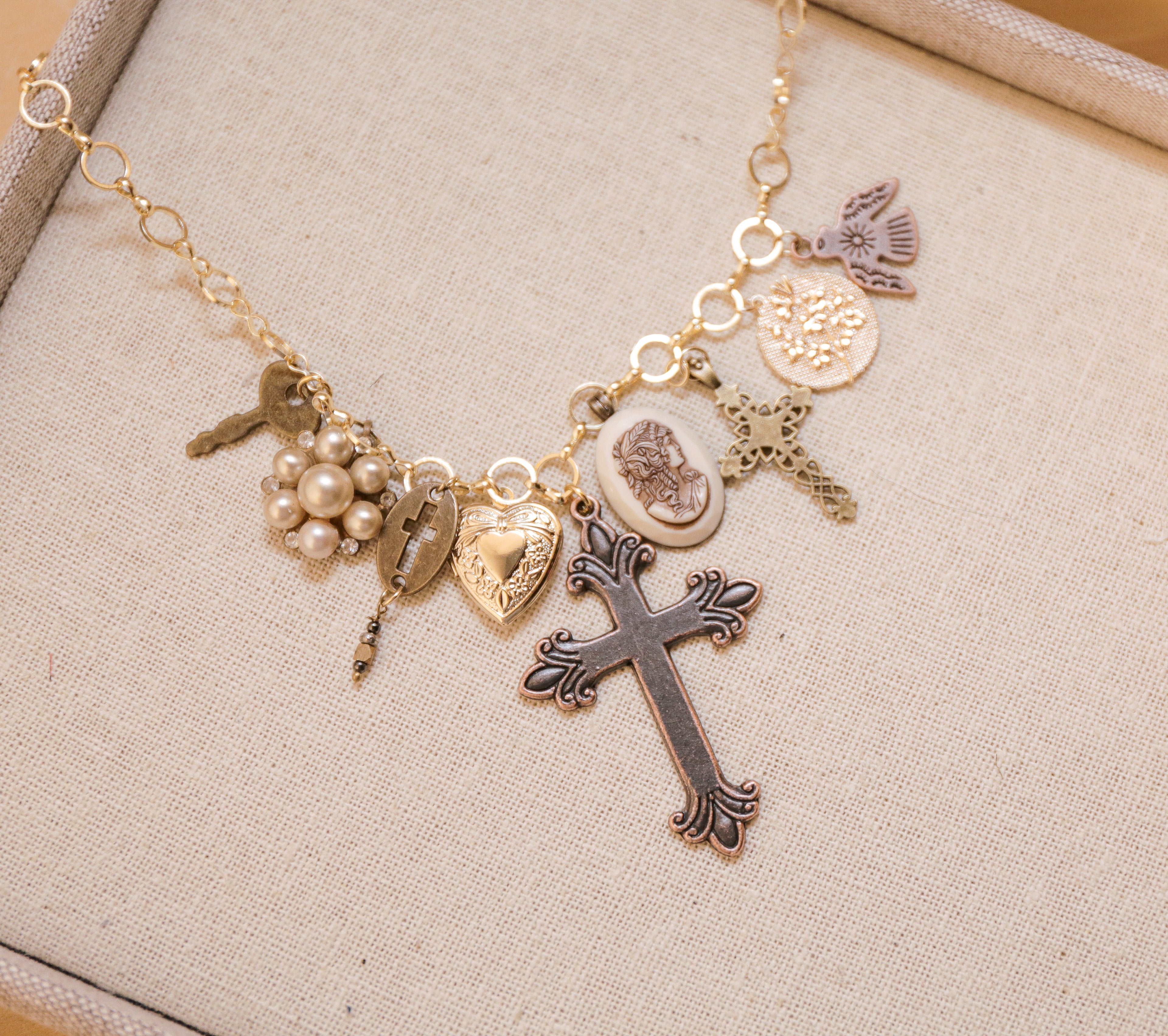 OOAK Cameo Cross Charm Necklace
