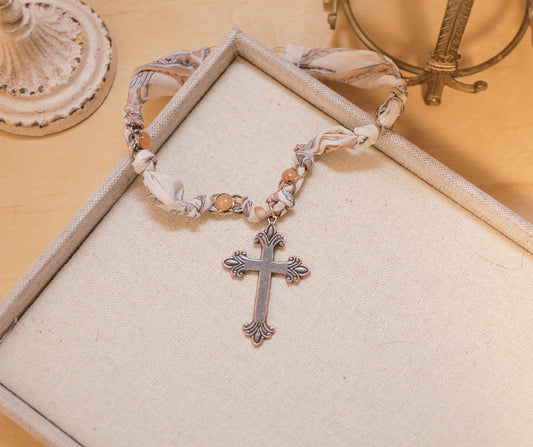 Vintage Scarf Copper Cross Necklace