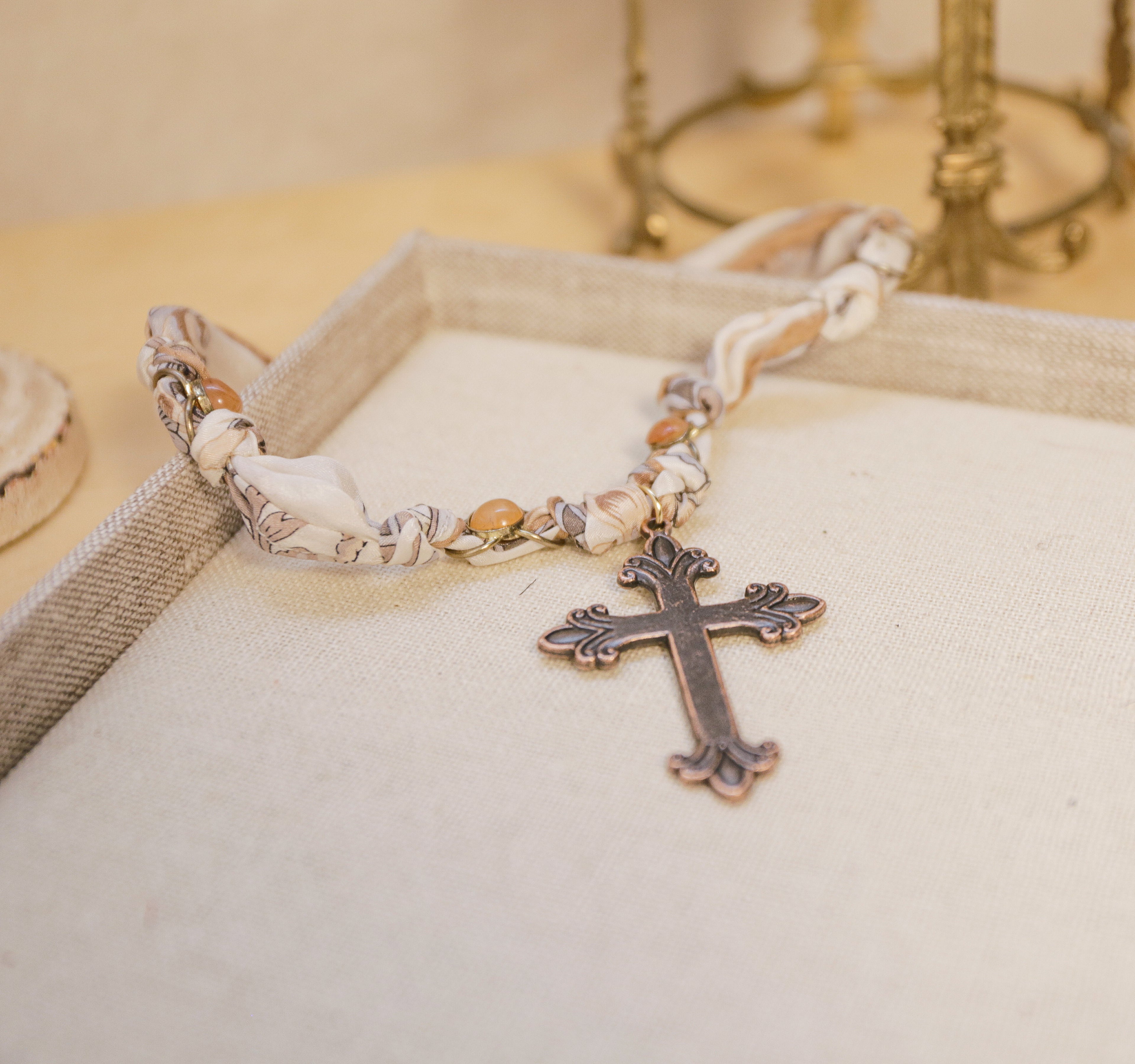 Vintage Scarf Copper Cross Necklace