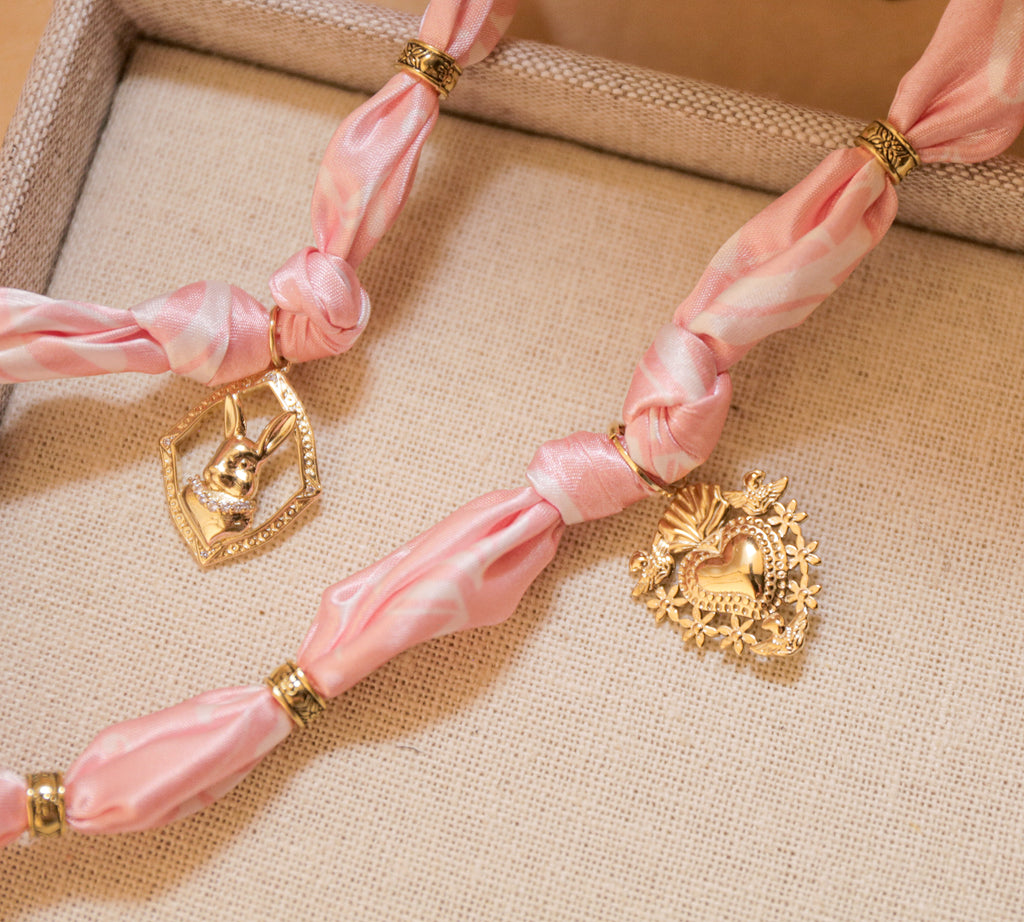 Satin Scarf Pendant Necklace with Beaded Knots