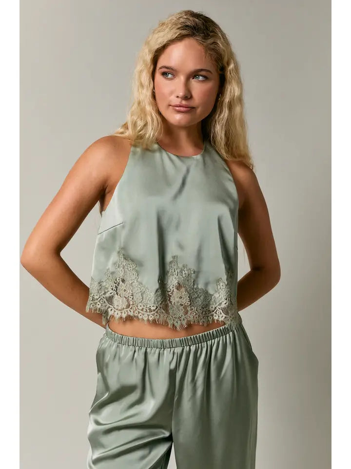 Halter Neck Lace Trim Detail Sleeveless Top