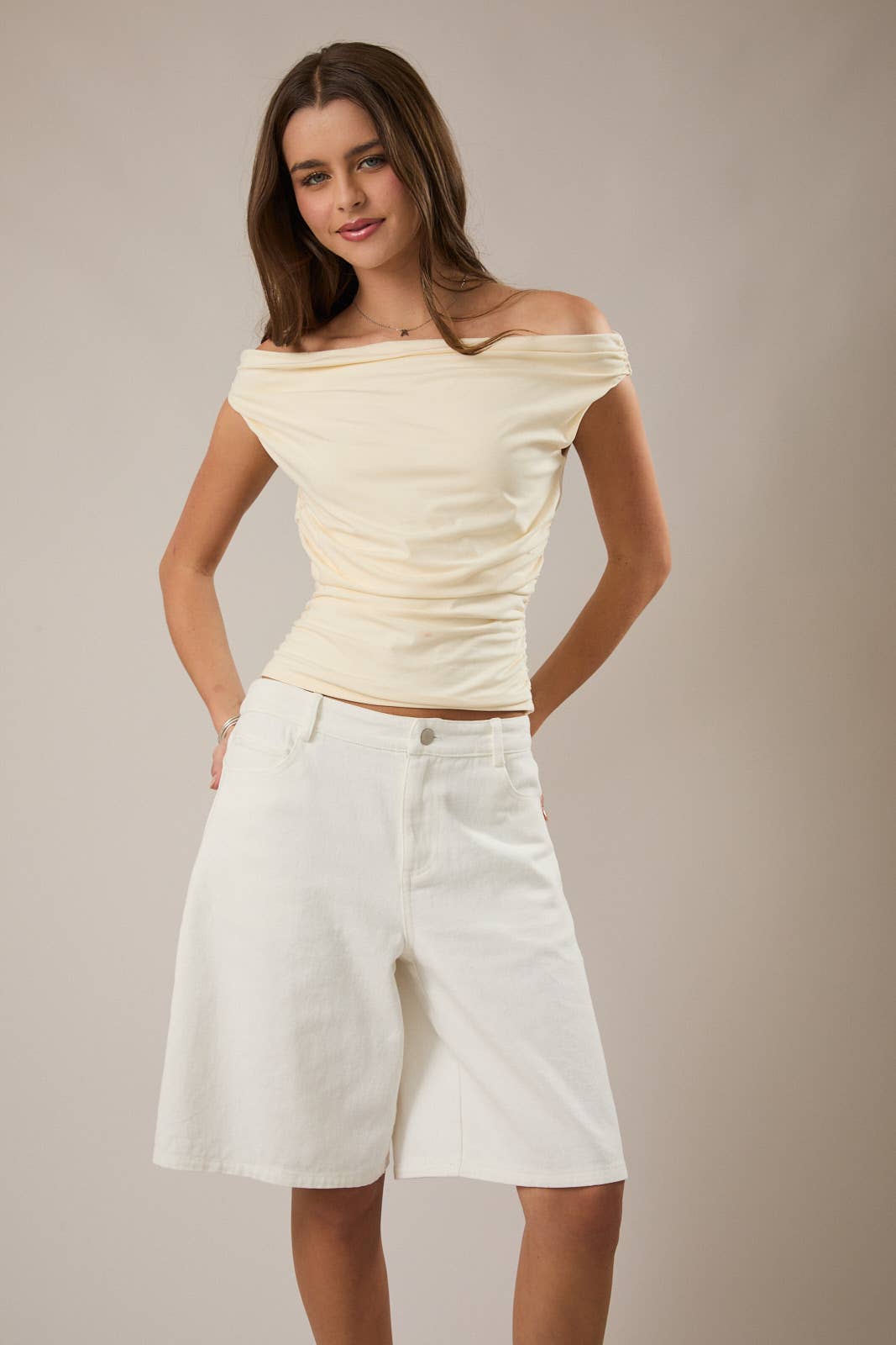 OFF THE SHOULDER TOP WITH RUCHING