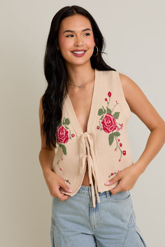 Knit Sweater Cardigan with Flower Graphic