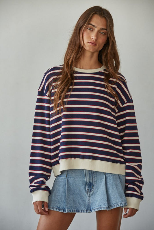 Knit Cotton Striped Crew Neck Long Sleeve