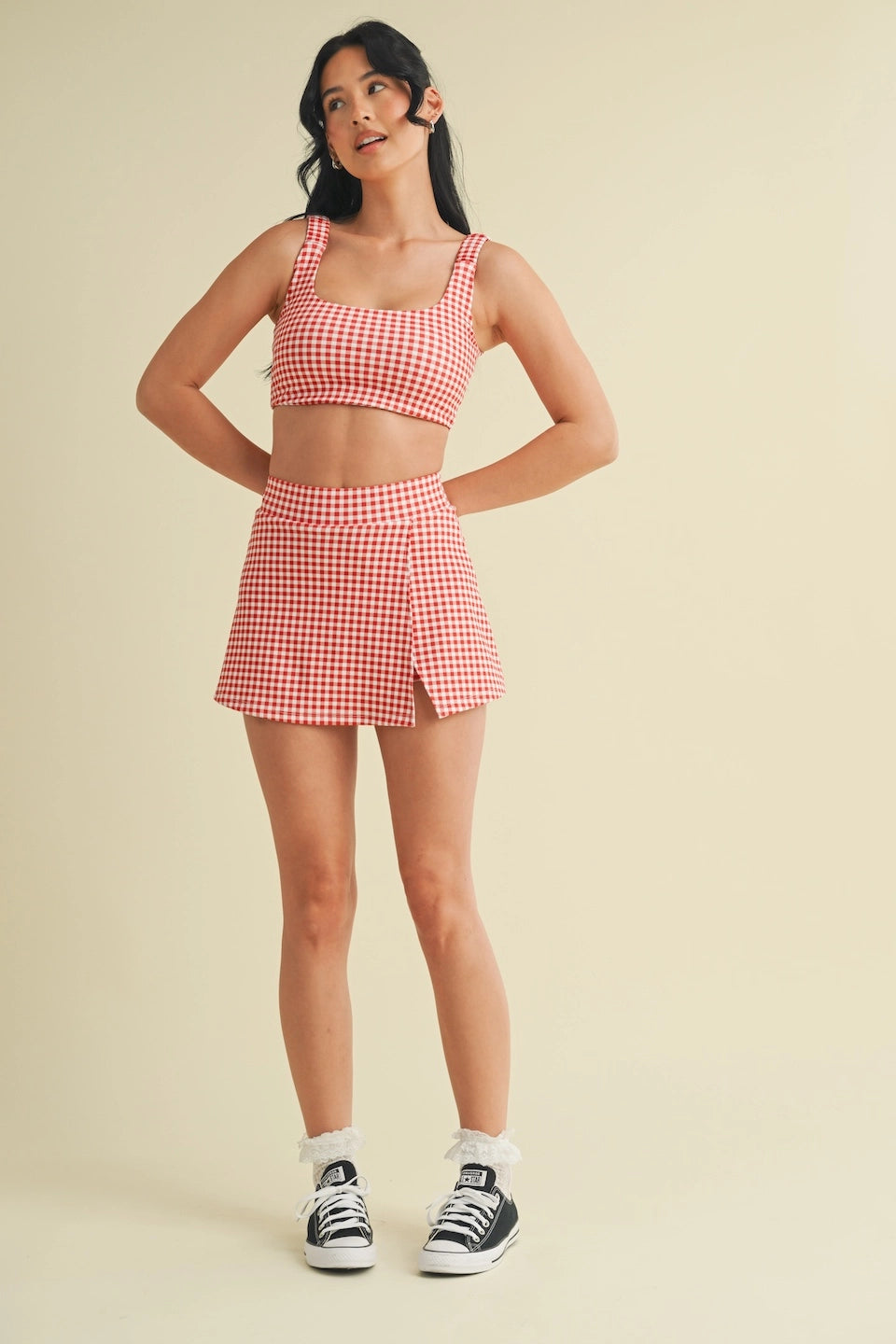 Gingham Print Side Slit A-Line Skort