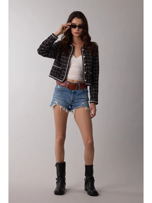 STM Tweed Plaid Long Sleeve Crop Jacket