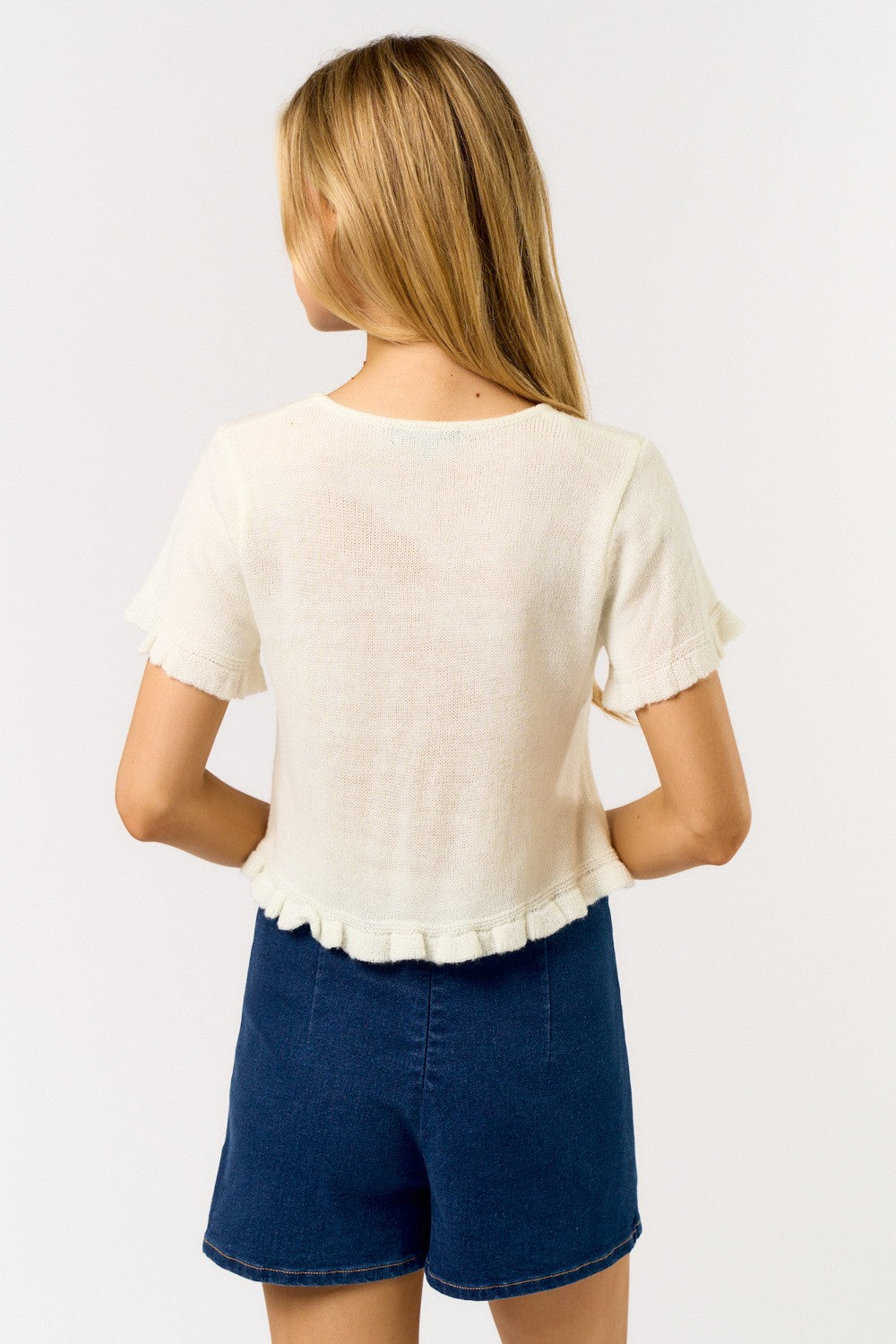 Short Sleeve Ruffle Sweater Top w/ Front Ties