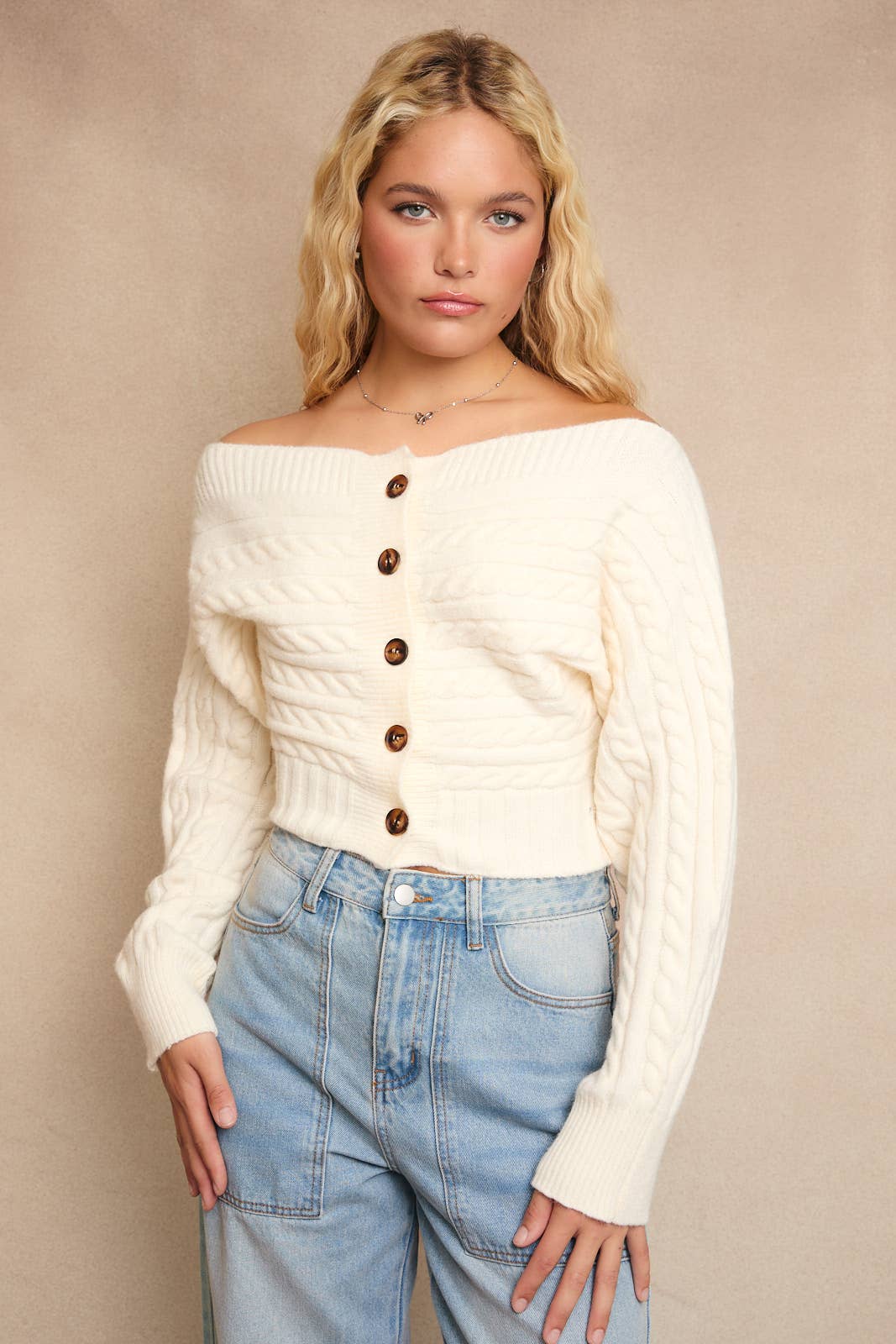 OFF-SHOULDER BUTTON DOWN SWEATER TOP