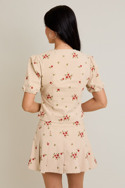 Puff Short Sleeve Round Neck Floral Printed Twill Top