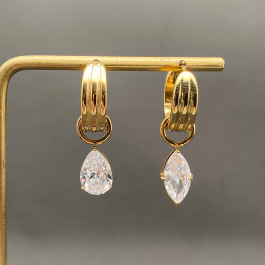 Asymmetric Zircon 18K Gold Plated Ss Huggie Earrings