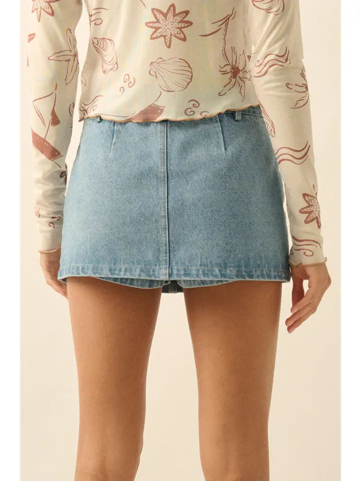 Denim Zip-Fly Belt Loop Mini Skort