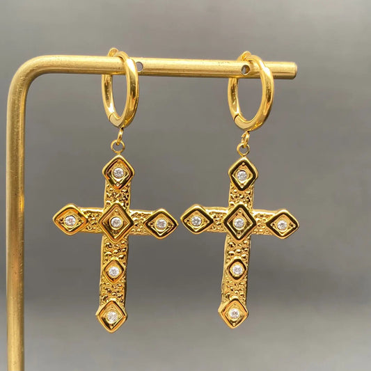 Cz Inlaid Cross 18K Gold Plated S.Steel Huggie Earrings