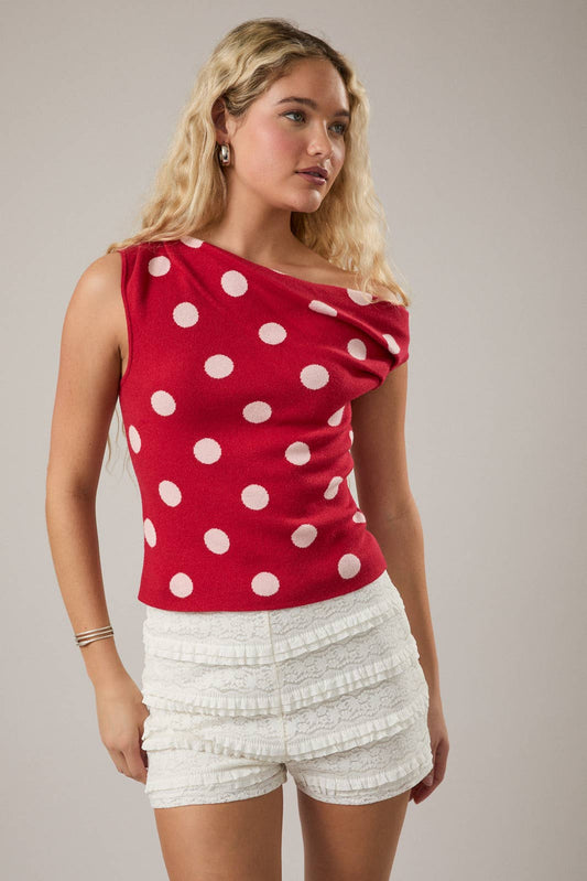 POLKA DOT DETAIL ASYMMETRICAL NECK SWEATER TOP