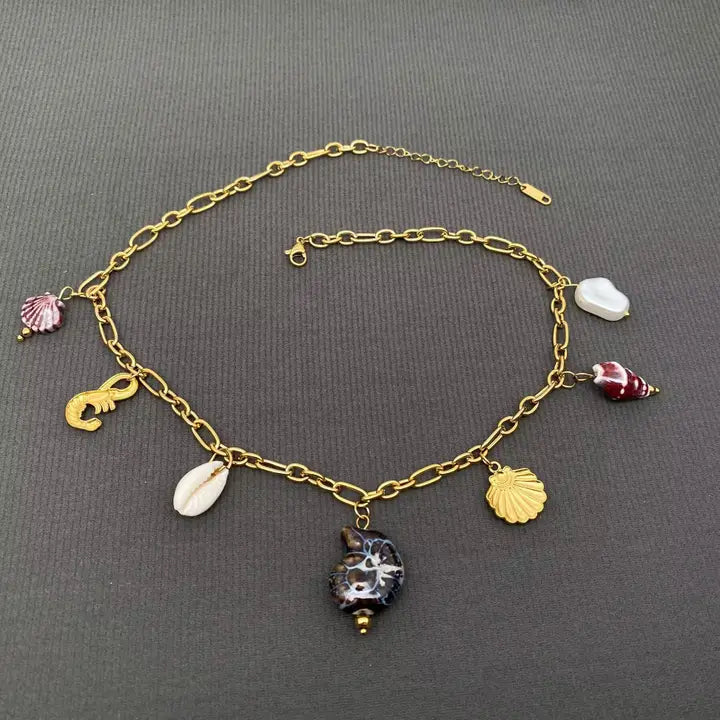 Conch & Shell & Lobster Charm 18K Golden Ss Necklace