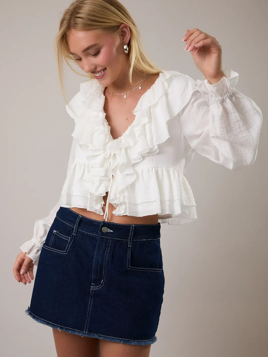 Long Sleeve V-Neck Ruffle Detail Crop Blouse