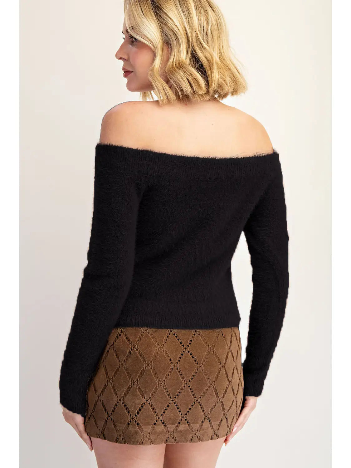 Off the Shoulder Soft Fuzzy Sweater Top