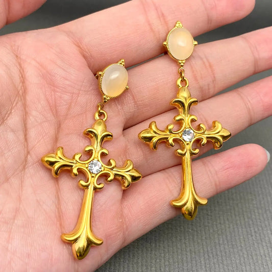 18K Gold Plated Stainless Steel Cross Charm Earrings