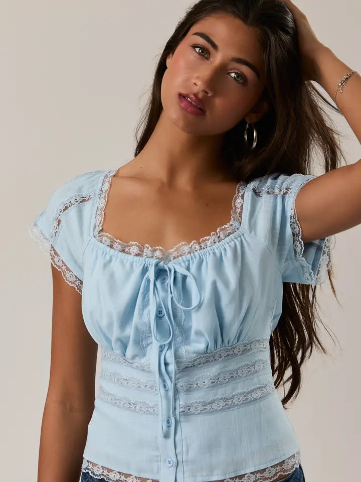 Cap Sleeve Square Neck Lace Trim Detail Top