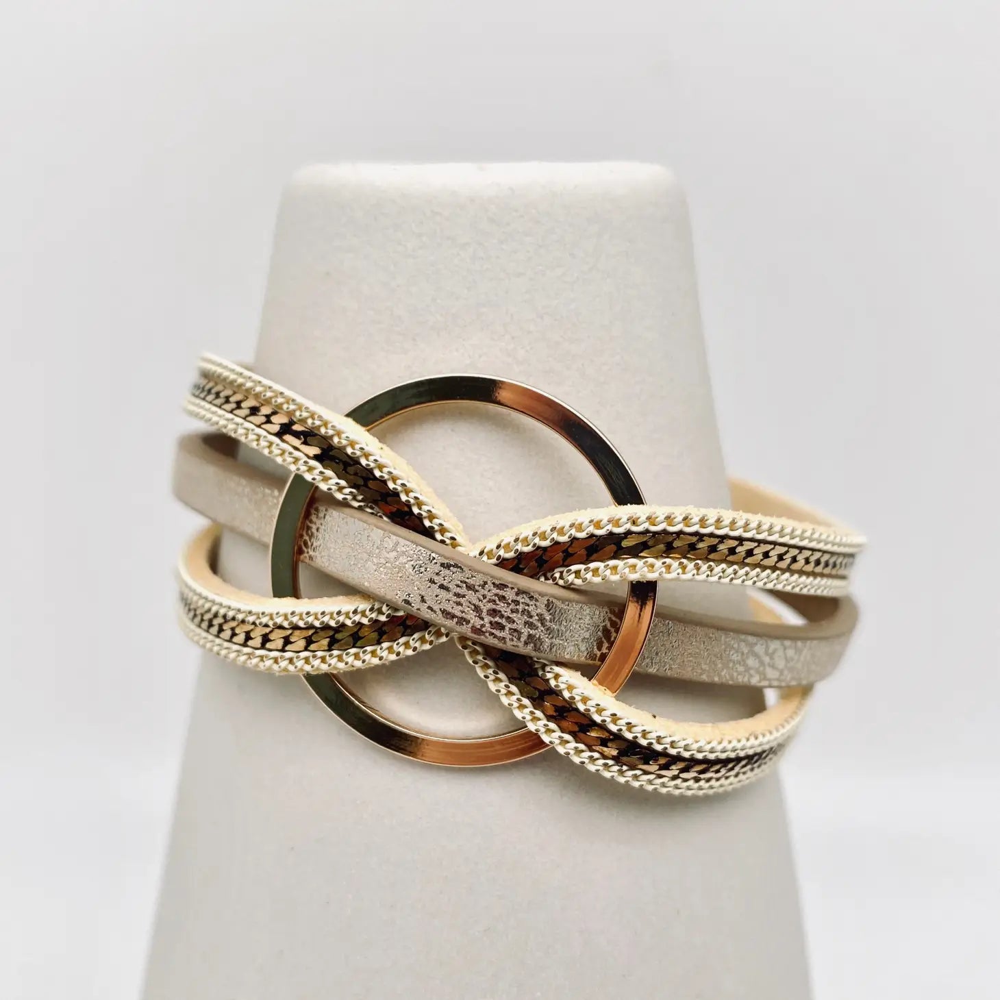 Multi-Layer Geometric Ring Charm Leather Bracelet