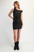 Asymmetric Shoulder Faux Leather Midi Dress