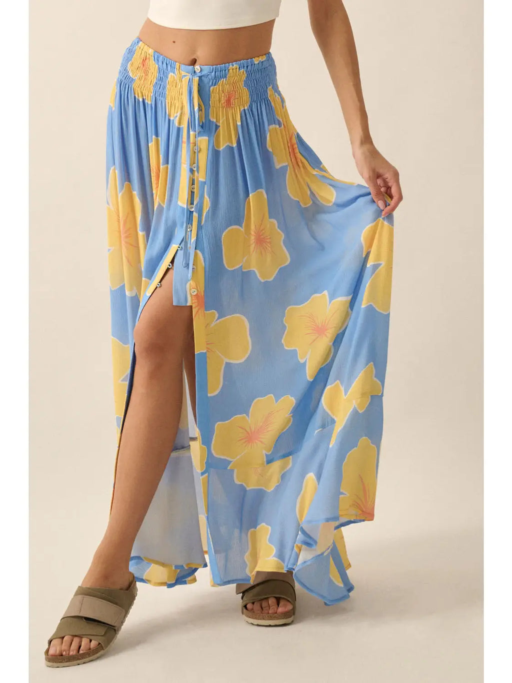 Floral Smocked Elastic-Waistband Maxi Skirt