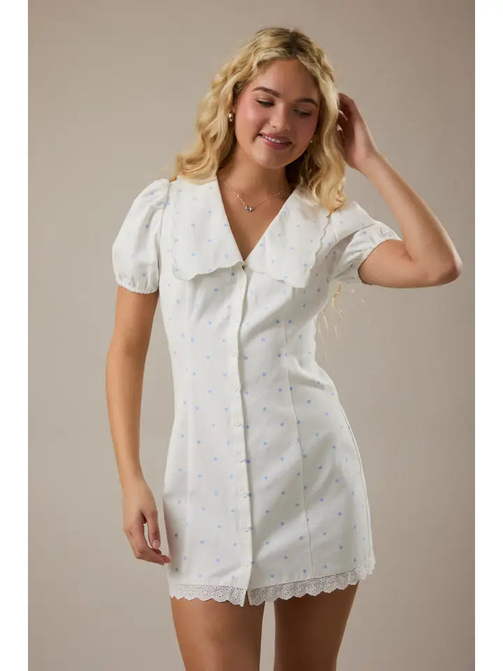 Puff Sleeve V-Neck Collared Button Down Mini Dress