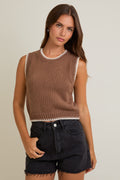 Sleeveless Crew Neck Stitching Detail Sweater Top