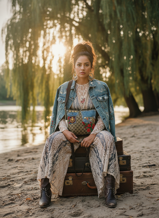 [AI-GEN] [Unknown Prompt] - Latina woman with messy ponytail and artisan earrings, sitting on a vintage suit...