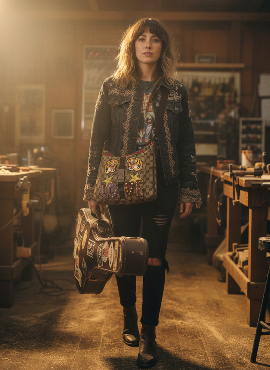 [AI-GEN] [Unknown Prompt] - Mixed heritage woman with freckles and sun-bleached hair, walking with guitar ca...