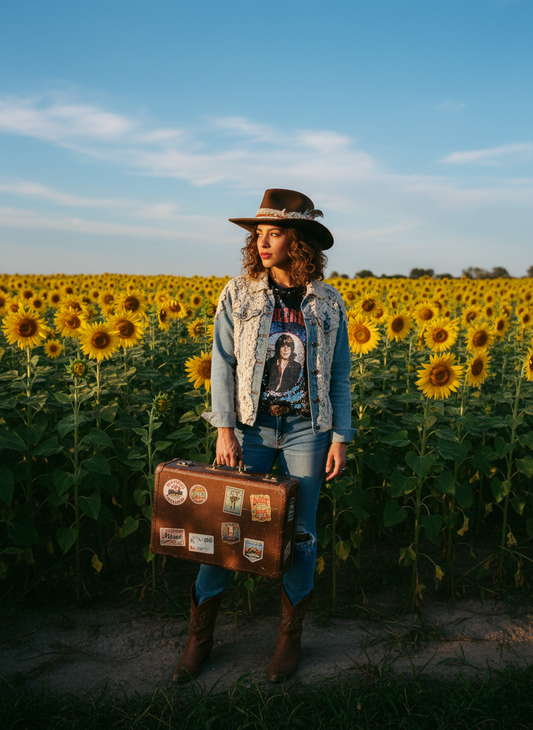 [AI-GEN] [Unknown Prompt] - Mixed heritage woman with soft ringlets, carrying a vintage suitcase in sunflowe...