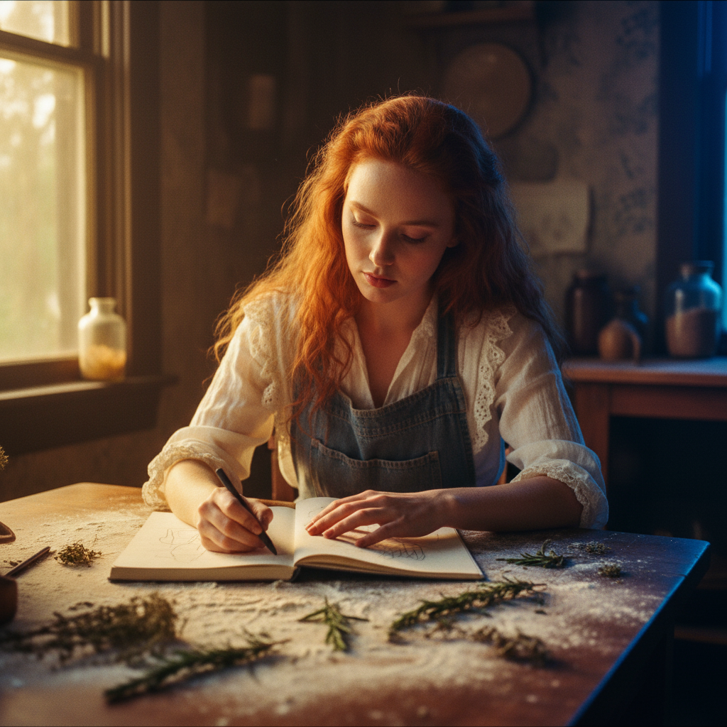 [AI-GEN] [Unknown Prompt] - Celtic woman with fiery red hair and pale complexion, sketching with charcoal in...