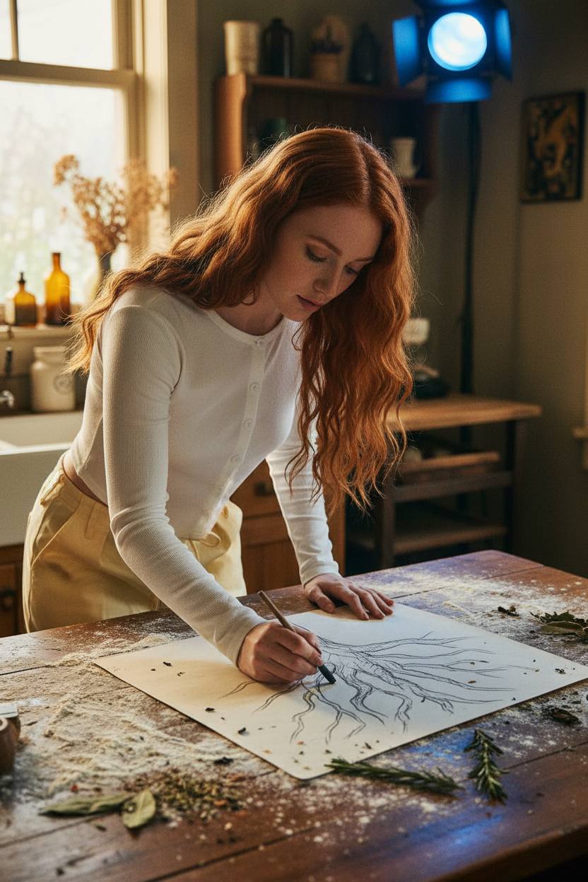 [AI-GEN] [Unknown Prompt] - Celtic woman with fiery red hair and pale complexion, sketching with charcoal in...