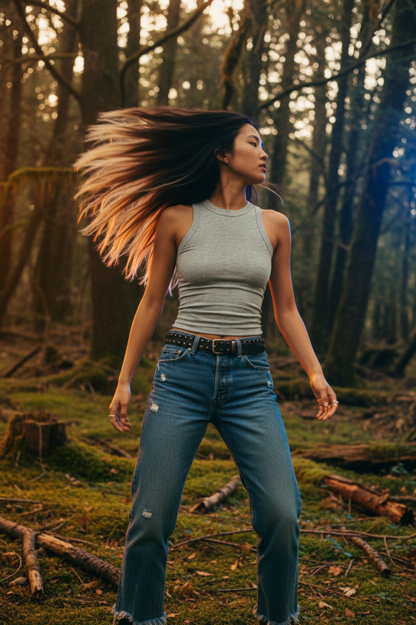 [AI-GEN] [Unknown Prompt] - Asian woman with bleached tips and vintage rock styling, tossing hair back in Mo...