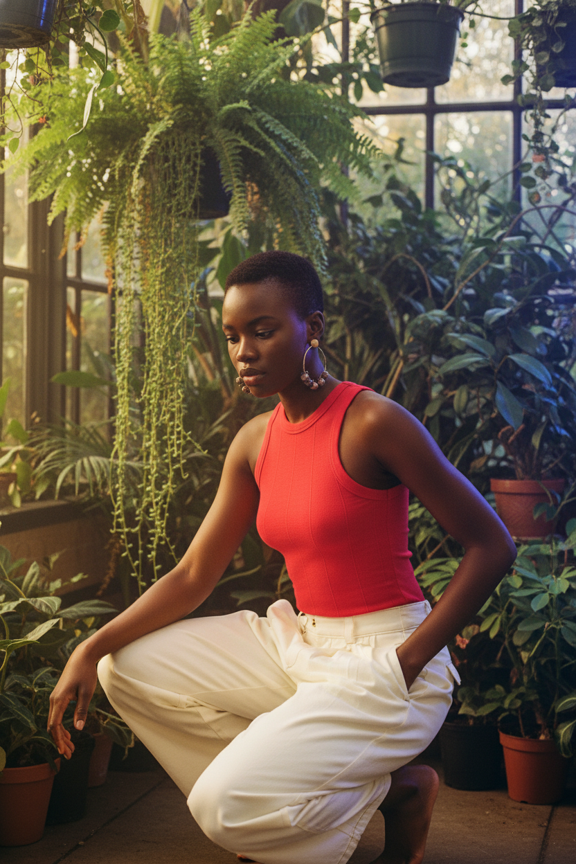 [AI-GEN] [Unknown Prompt] - Black woman with buzzcut and statement earrings, crouching down to look at somet...