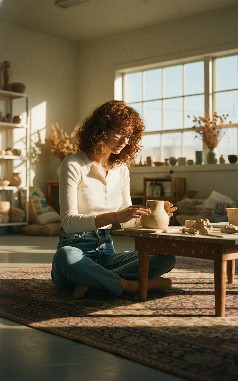 [AI-GEN] [Unknown Prompt] - Scarlett sits cross-legged on a large rug in a bright, high-ceilinged room of he...