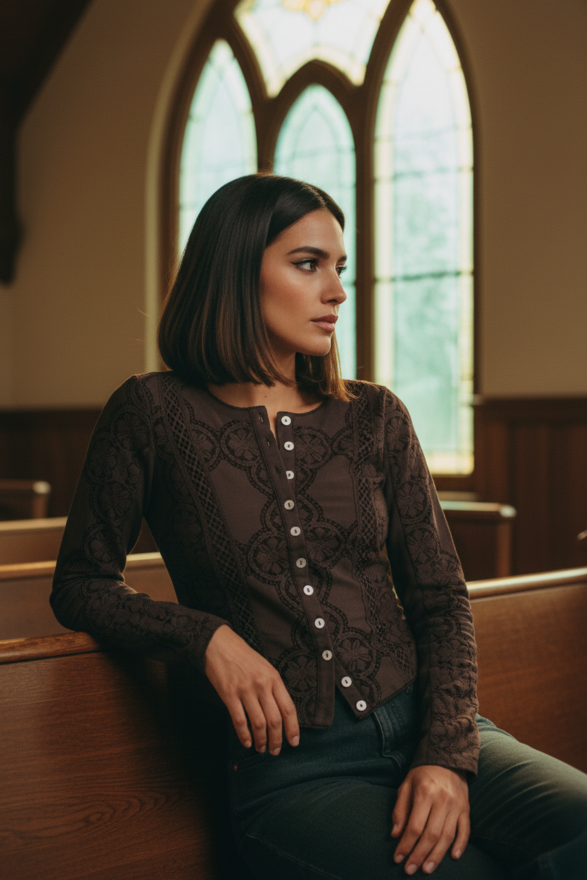 [AI-GEN] [Unknown Prompt] - Harper stands by a tall window in her colorful textile workshop, looking out at ...