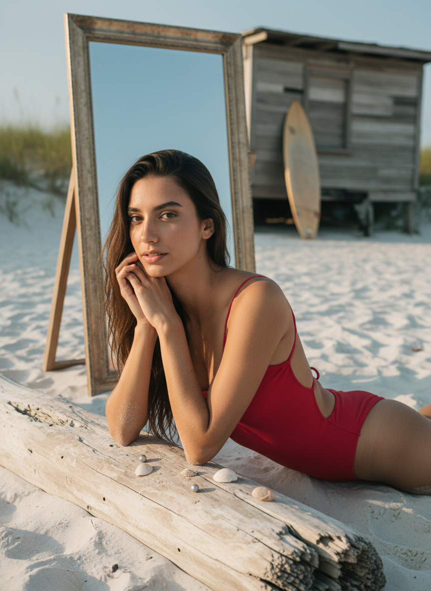 SCENE CONTEXT:
STUDIO SETTING: **Setting:** secluded beach scene in panhandle Florida with character