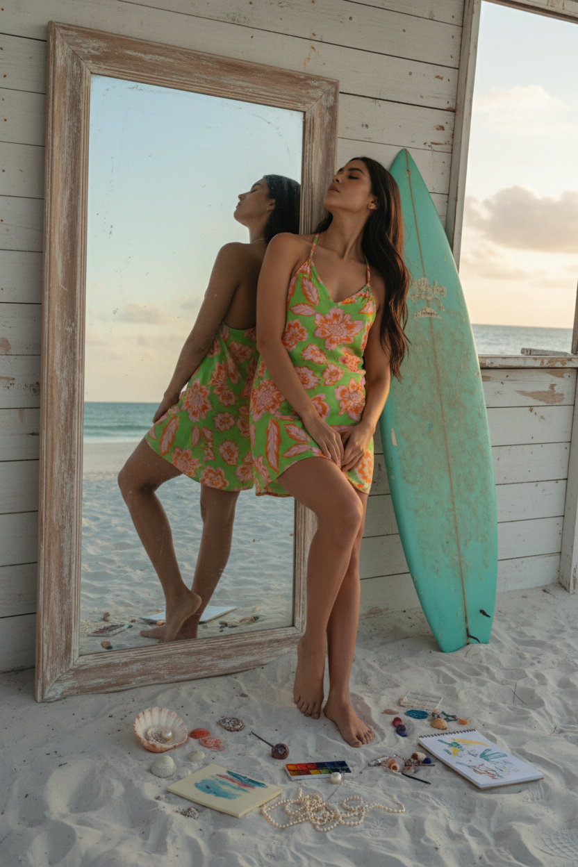 SCENE CONTEXT:
STUDIO SETTING: **Setting:** secluded beach scene in panhandle Florida with character